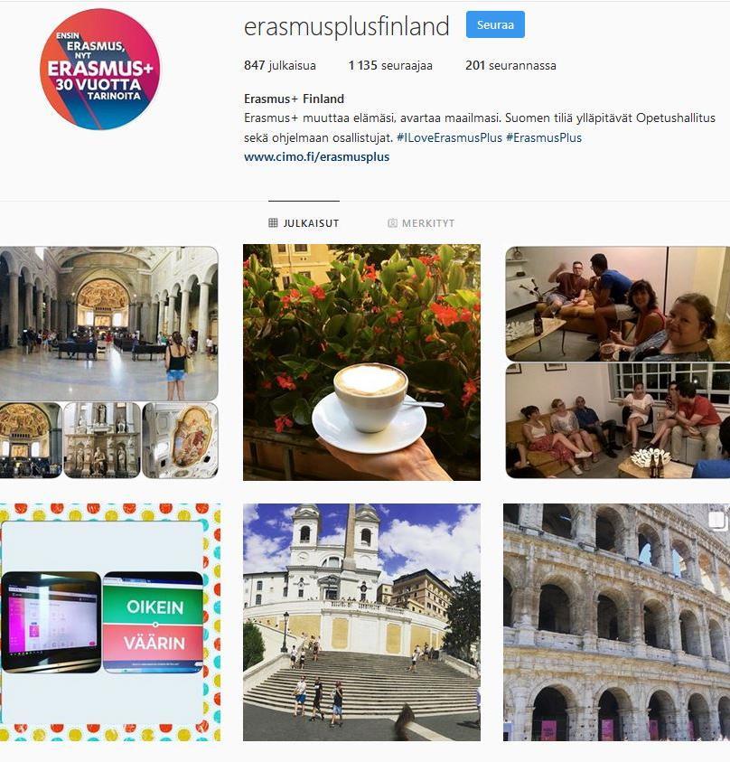 Tervetuloa Erasmus+ -lähettilääksi! Mahdollisuus ottaa Suomen virallinen Instagram-tili haltuun 1-2 viikon ajaksi Näkyvyyttä hankkeelle ja omalle toiminnalle Lisätiedot ja ilmoittautumisohjeet: www.