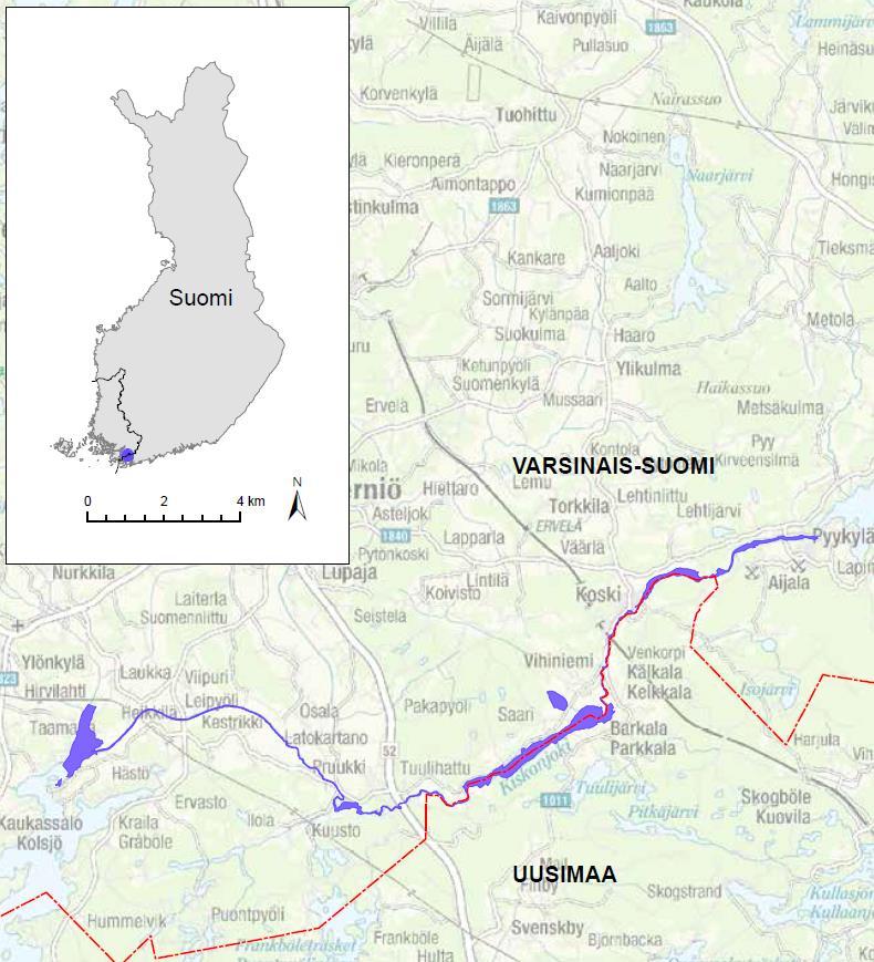 Kiskojoen Natura-alueelle on tehty hoito- ja käyttösuunnitelma. (VARELY 2014) Natura-alueen tietolomake on liitteenä 4. Kuva 15. Kiskonjoen Natura-alueen rajaus.