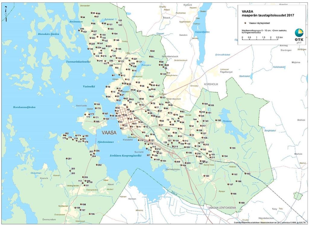 GEOLOGIAN TUTKIMUSKESKUS Vaasan taustapitoisuudet 7 Kuva 4. Karttakuva Vaasan pintamaanäytepisteiden sijainnista vuonna 2017 tehdyssä taajamageokemian kartoituksessa.
