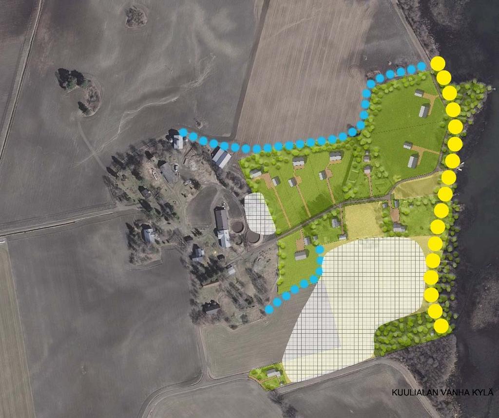 Havainnekuva kaavan vaikutuksista luontoon ja maisemaan Kuulialan vanhassa kylässä. Sininen pisteviiva = uusi maisemanraja. Keltainen pisteviiva = rannan puustoisena säilytettävä alue.