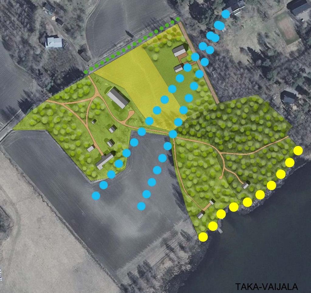 Havainnekuva kaavan vaikutuksista maisemaan ja Keljanmäkeen Taka-Vaijalan asemakaava-alueella. Sininen pisteviiva = Keljanmäestä avautuvien näkymien huomioiminen.