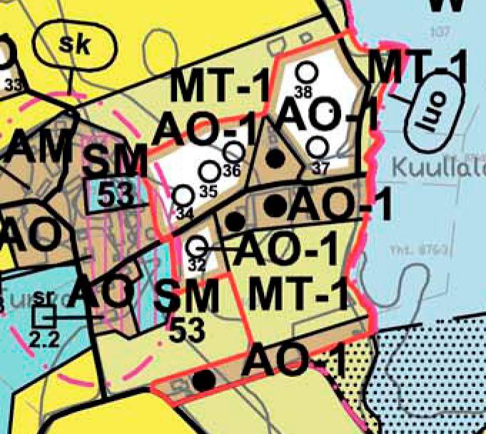 Osayleiskaavan mukaan kaavassa erikseen osoitetuille alueille on laadittava asemakaava tai rakennusluvan myöntämisen edellytykset on selvitettävä poikkeamislupamenettelyllä (punainen rajaus).