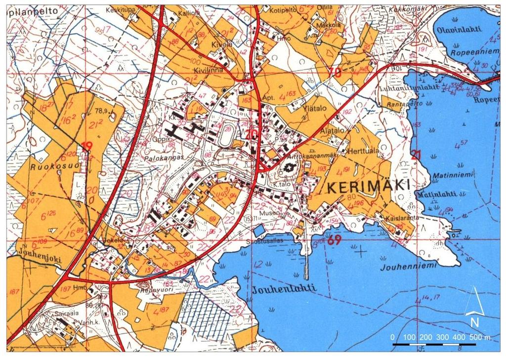 Kuva 5-5 Kerimäen keskustan alue vuosina 1975 (ylempi kuva) ja 1988 (alempi) ( Maanmittauslaitos).