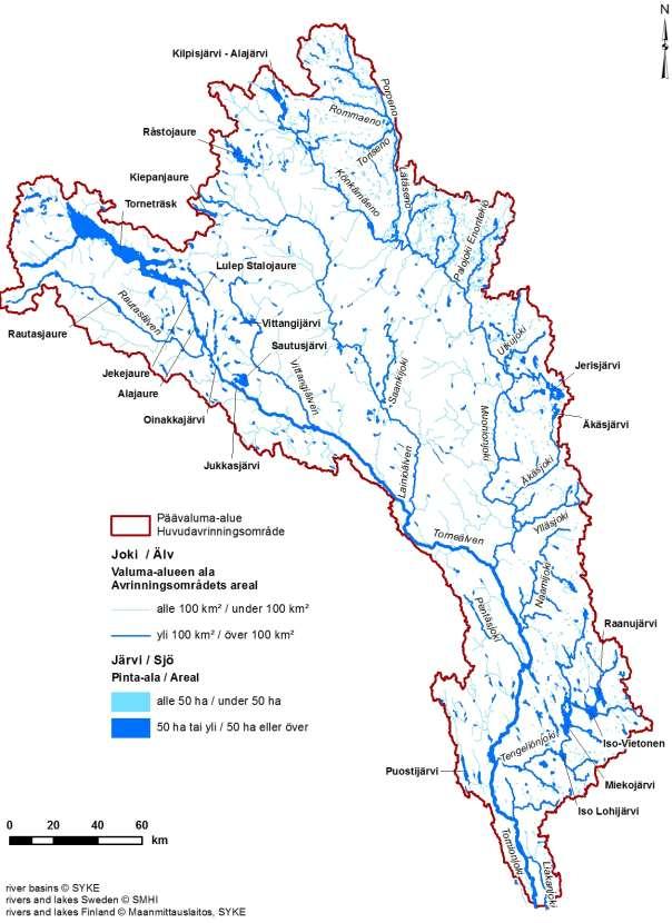 Kuva 5. Vesistöalueen suurimmat järvet ja joet.