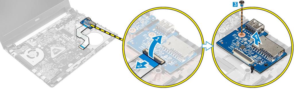 I/O-kortin asentaminen 1 Aseta USB-kortti paikoilleen tietokoneeseen. 2 Kiristä ruuvi, jolla USB-kortti kiinnittyy tietokoneeseen. 3 Kytke USB-kortin kaapeli USB-kortissa olevaan liitäntään.