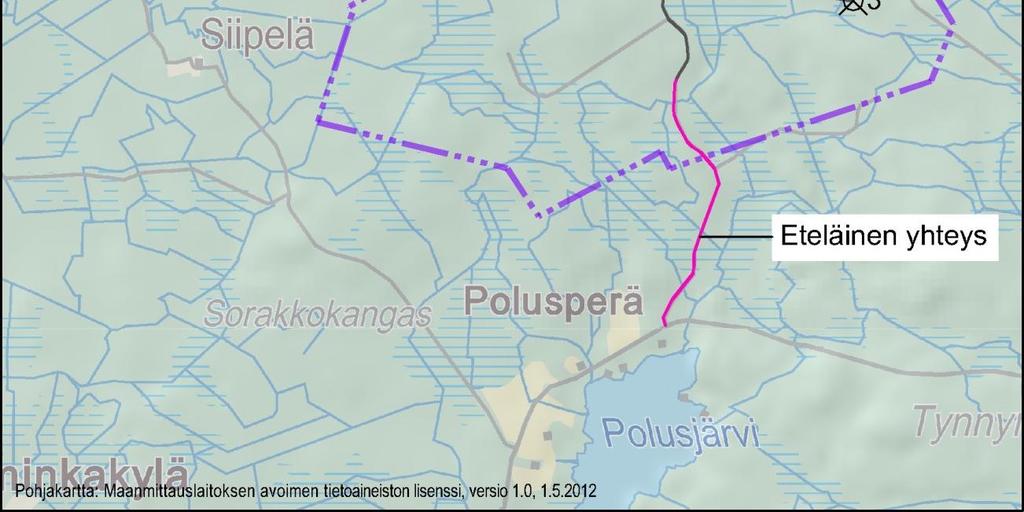 Kuva 3 YVA-vaihtoehto VE2 ja voimaloiden (9 voimalaa) alustava sijainti. Sähkönsiirto toteutetaan sekä voimaloiden välillä että hankealueelta sähköasemalle maakaapelina.