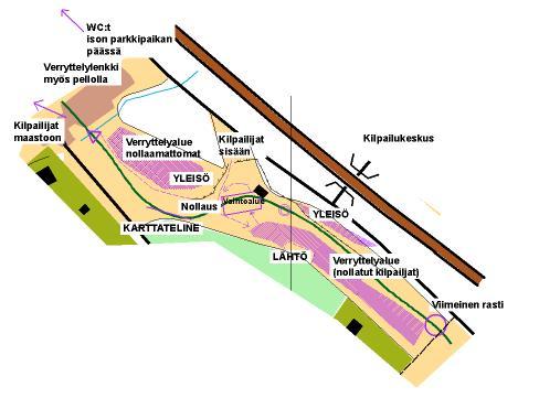 maali/vaihtostadionilla D18 VIESTIN AIKANA Ensimmäisen VIESTIN osuuden maali/vaihtoalueen LÄHDÖSSÄ viestinviejät takaosasta siirtyvät lähtöalueelle karttatelineen kilpailijat luota.