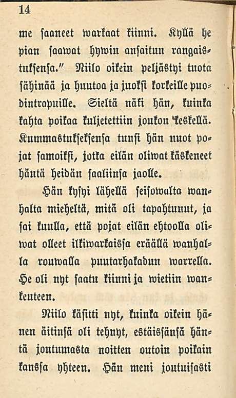 14 me saaneet watkaat kiinni. Kyllä he pian saawat hywin ansaitun rangais» tutfenfa." Niilo oikein peljästyi tuota sähinää ja huuto» ja juoksi korkeille puodintrapuille.