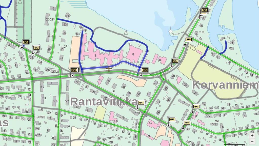 Kuva 10. Joukkoliikenteen reititstö ja pysäkit suunnittelualueella.