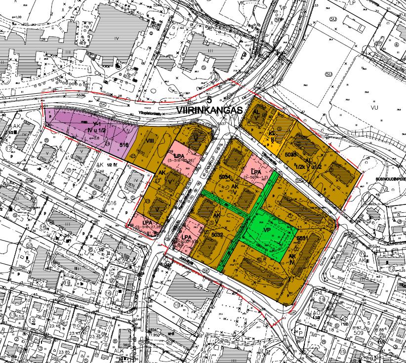 VE 1 Kaavamääräykset erillisessä liitekartassa. Kuvaus: Kortteliin 516 osoitetaan tiede- taide ja yrityspuistolle tontti 24.