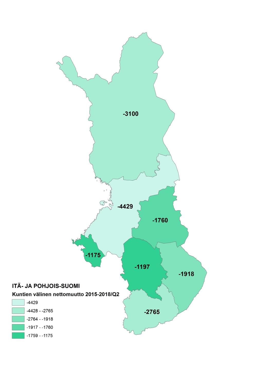 ITÄ- JA POHJOIS-SUOMEN MAAKUNTIEN KUNTIEN VÄLINEN NETTOMUUTTO VUOSINA 2015-2018/Q2 Lähde: