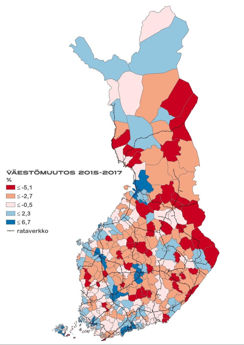 VÄESTÖNLISÄYS KUNNITTAIN VUOSINA 2015-2017 Supistumista 239 kuntaa Kasvua 72 kuntaa