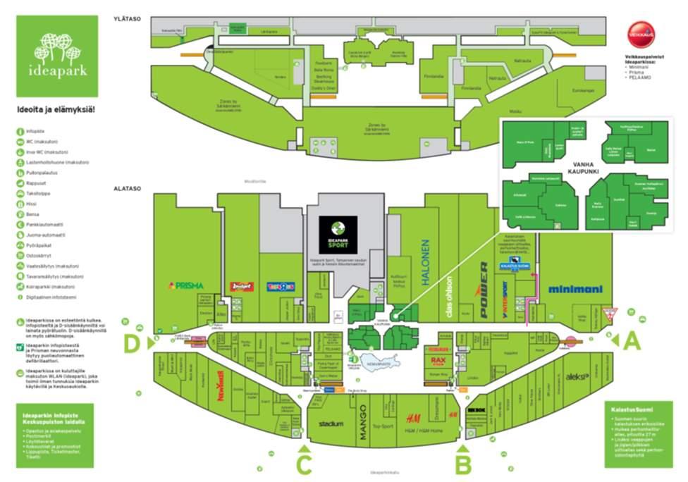 kauppakeskuksen etelä- ja pohjoispuolelta sekä yhteys itään Real Parkin ja Marjamäen alueelle sekä Hulikankulmaan Kerrosala Ideapark avattiin joulukuussa 2006, Pinta-ala 104 000 k-m 2 Ideaparkin