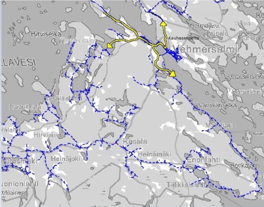 Vehmersalmen vesijohtoverkosto ja virtaussuunnat Puurunen J. 2017. Hydraulic Modeling and analysis for selected DMA of water distribution system. Master s Thesis. University of Wroclaw. Poland.