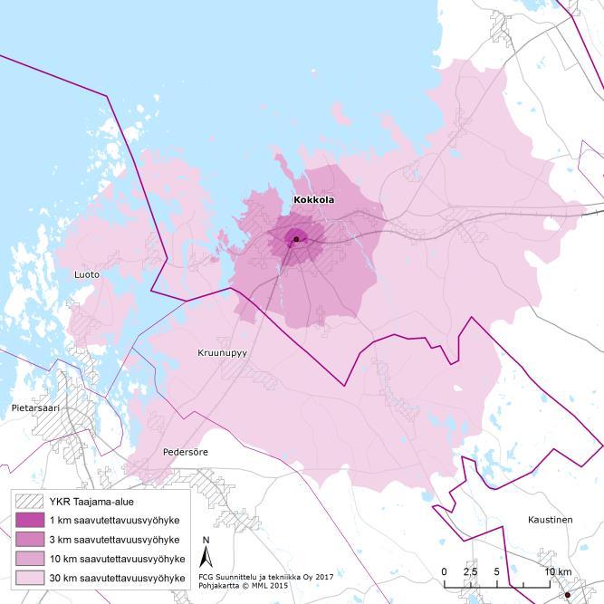 % Kokkolan kaupungin asukasmäärästä) Alle 10 km etäisyydellä noin 37 500 asukasta Alle 30 km etäisyydellä noin 54 100 asukasta Alueen nykyiset palvelut: Kokkolan vähittäiskaupan palveluverkko