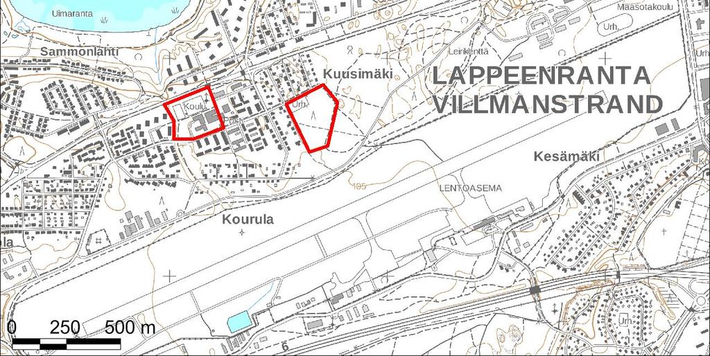 Selvitysalueina olivat päiväkotikoulun kaksi vaihtoehtoista sijoituspaikkaa, joista toinen sijoittuu Kourulan aluekeskukseen (VE 1) ja toinen Ukonpuistoon (VE 2).
