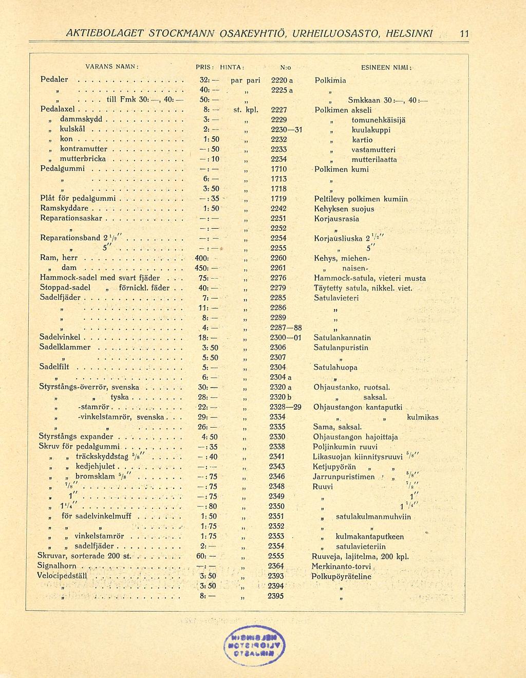 till 75; m: AKTIEBOLAGET STOCKMANN OSAKEYHTIÖ URHEILUOSASTO HELSINKI VARANS NAMN: PRIS: HINTA: N:o ESINEEN NIMI : Pedaler 32: par pari 2220 a Poikimia Fmk 30; 40: 50: 30: 40: Smkkaan Pedalaxel 8: st