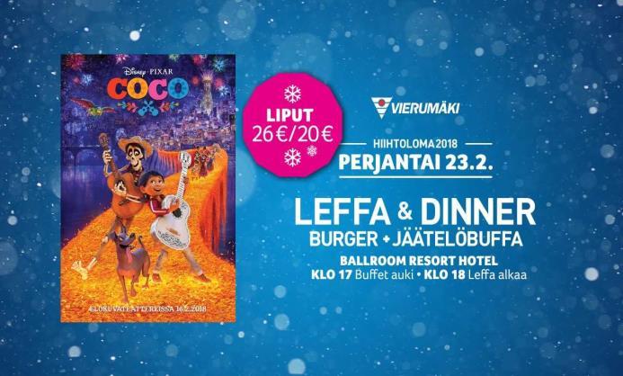 2. klo 18.00-21.00 (burgerbuffa klo 18, elokuva alkaa klo 19) Liput 26 /20, elokuva ikärajaton. Ballroom. Coco on koko perheen seikkailuelokuva, joka kertoo 12- vuotiaasta Miguel-pojasta.