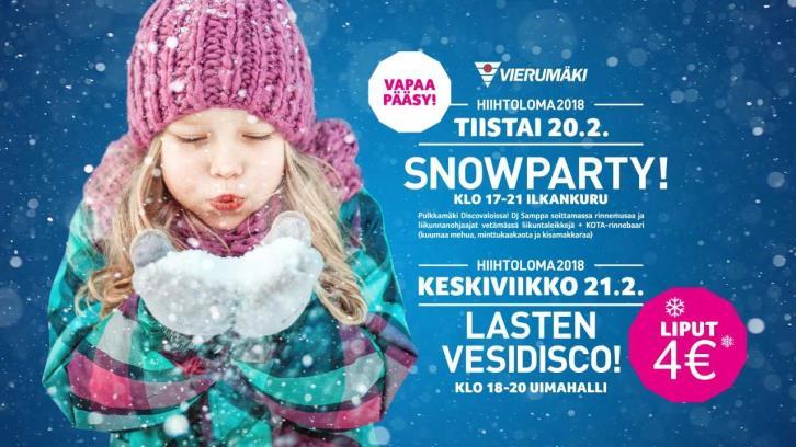 00-18.30 maksuton koko perheen luistelu ulkojäällä Torstaina 22.2. koko perheen pihapelit, vapaa pääsy Klo 17.00-18.30 koko perheen pihapelit. Kokoontuminen urheiluhallilla. Maanantaina 26.2. Koko perheen lumirieha, vapaa pääsy Klo 13.