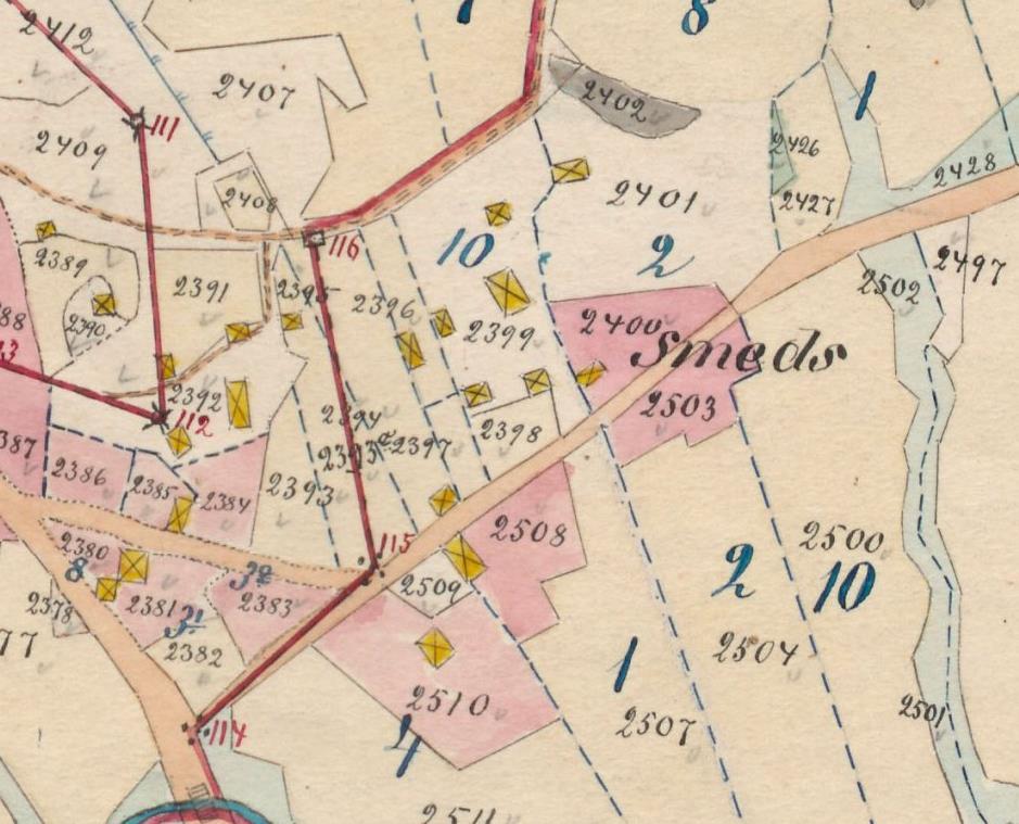 9 Kuva 6. Ote maanmittari E. Grönroosin laatimasta kartasta Bembölen kylästä vuodelta 1894, johon tutkimuskohteen sijainti on ympyröity. Kartta: Kansallisarkisto B7:2/26-64 Bemböle 4.