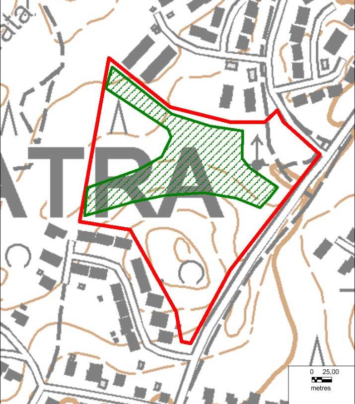 Kuva 4. Luontoselvityksen tutkimusalue vuonna 2014. Luontoarvoiltaan huomionarvoisen metsäalueen sijainti on osoitettu vihreällä rasterirajauksella. (Pöyry 2015).