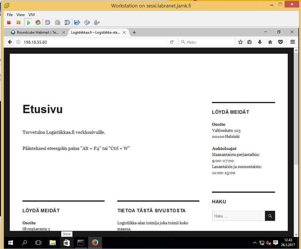 Palomuurin asetukset pistettiin päälle, ja yhteydet testattiin http- sekä sähköpostipalvelimiin. Kuviossa 345 on todennettu http-yhteys DMZ-verkon WWW-palvelimeen. Kuvio 16.