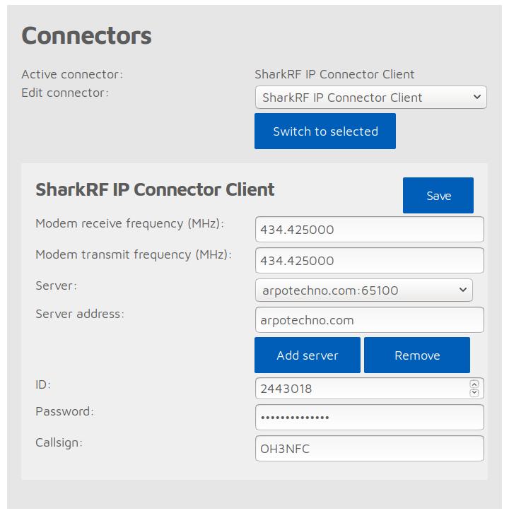 Kuva 3: SharkRF OpenSpot Connectors, SharkRF IP Connector Client VIHJE: Kaksi SharkRF OpenSpottia voidaan kytkeä toisiinsa konfiguroimalla