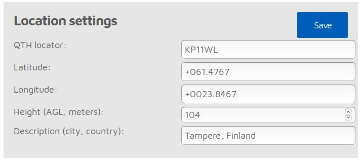 2.2.1 Location settings Aseta oma lokaattoriruutusi kenttään QTH locator. Voit tarkentaa paikan koordinaatteja muokkaamalla Latitude ja Longitude -kenttiä.