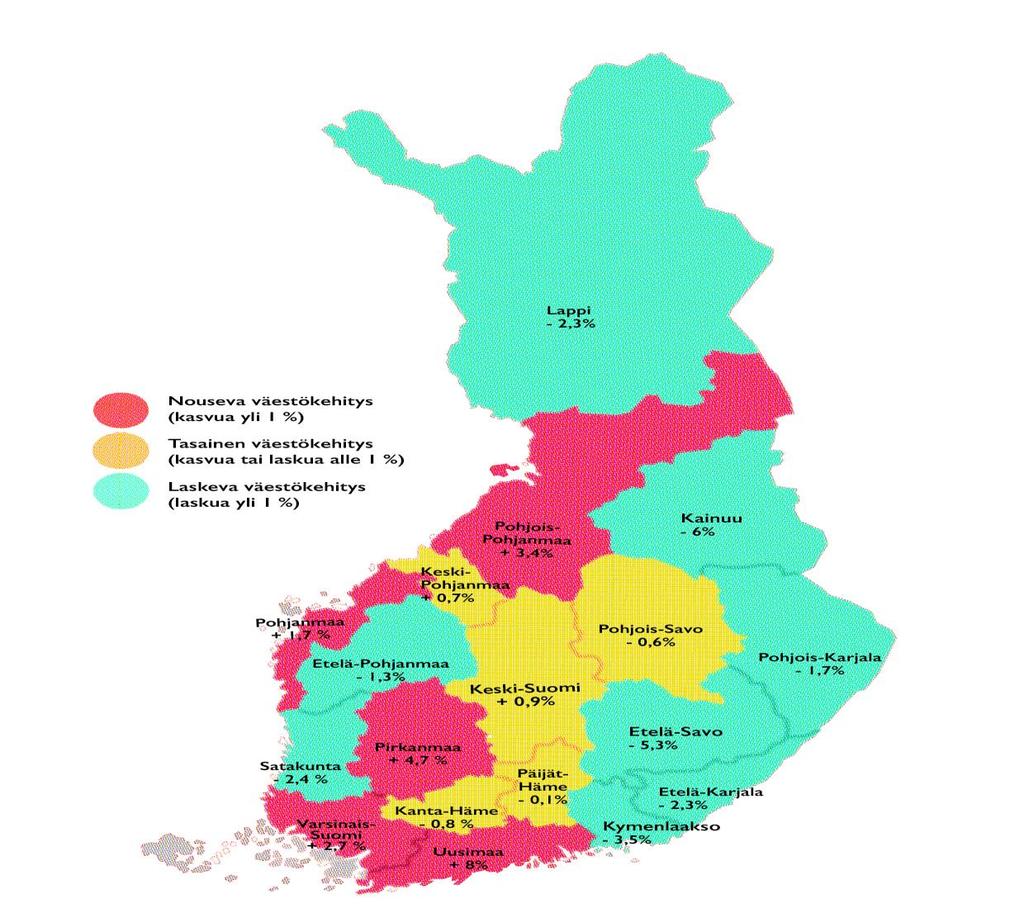 Väestö, kehitys maakunnittain 2010-17 (lähde: