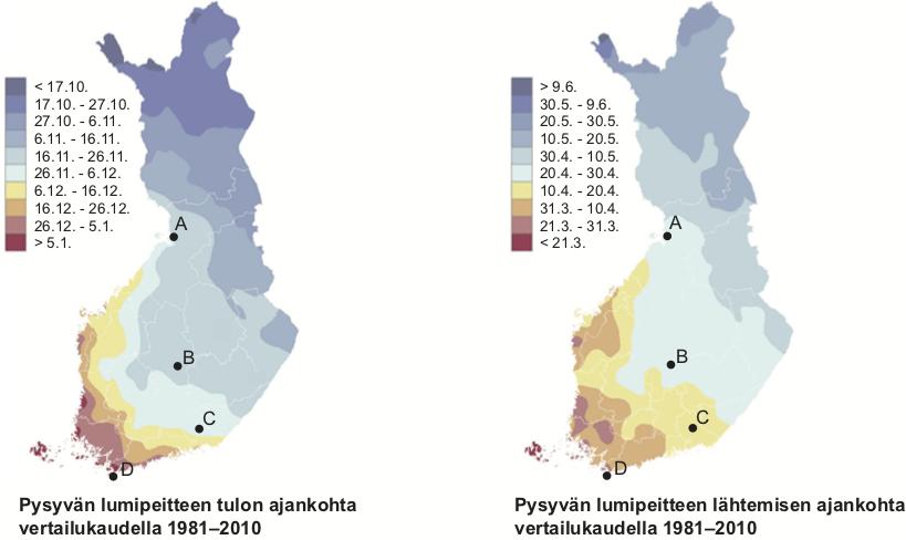 10. Ilmatieteen laitoksen tilastoista selviää, milloin maamme eri osiin tulee pysyvä lumipeite ja milloin se lähtee.