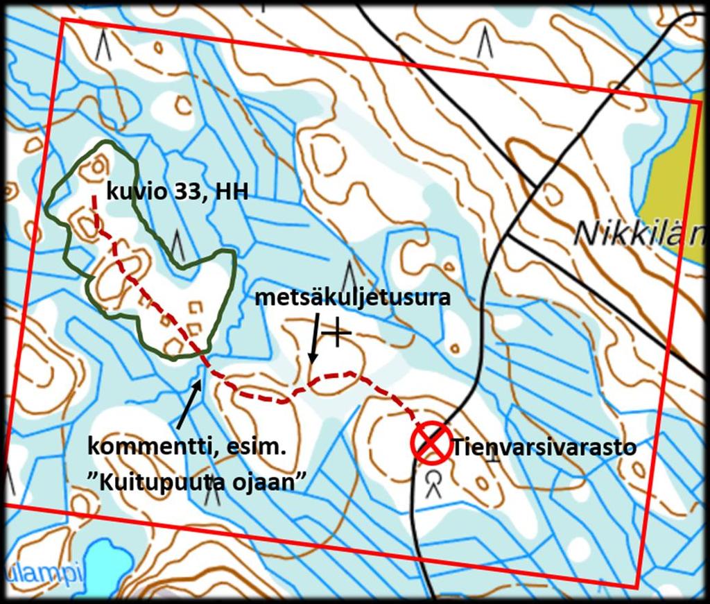 Merkittävimmät siirtymisreitit leimikolla Metsäkuljetusta varten muodostetaan ajourasto, jota pitkin puutavara kuljetetaan tienvarsivarastoon.