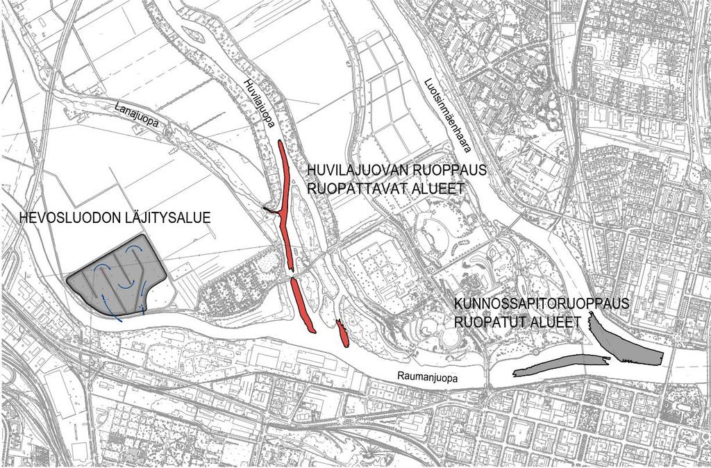 Kuvassa 3-1 on esitetty Huvilajuovan ja Lanajuovan ruoppausalueet, Hevosluodon läjitysalue sekä syksyllä 2017 toteutetun keskustan alueen kunnossapitoruoppausalueet.