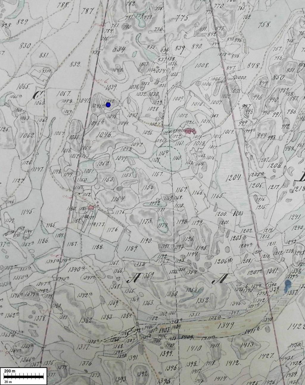 Hyötiönnummen röykkiö on paikka merkitty sinisellä pisteellä vuoden 1882 isojakokartalle.