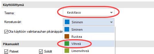 Mastercam tutustumisopas 5: Mastercamin mukauttaminen 4. Valitse Käyttöliittymä-kohdasta Teemaksi Keskitaso ja aseta Korostusväriksi Vihreä.