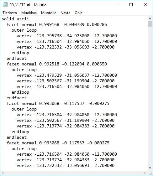 : Koska stereolithografiatiedostot ovat ASCII-tiedostoja, niitä voidaan katsella millä tahansa tekstinkäsittelyohjelmalla, esimerkiksi Notepad-ohjelmalla kuten