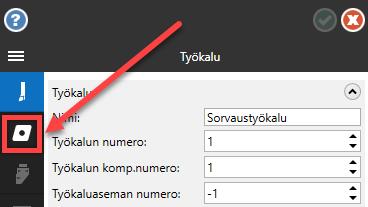 Liitetään teräpala suorakulmaiseen pitimeen. Määritetään leikkuutaso ja koneeseen liitännän taso. Generoidaan työkalu annetuista arvoista ja oletusarvoista. Teräpalan määrittäminen 1.