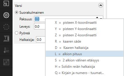 Klikkaa hiiren oikealla painikkeella Paksuus-kenttää ja valitse valikosta L = alkion