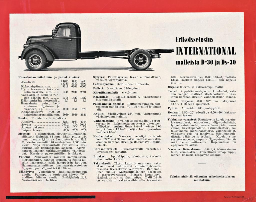 6,7 Erikoisselostus INTERNATIONAL alleista B-3» jads-m Konealustan mitat mm. ja painot kiloissa Sytytys: Patterisytytys, täysin automaattinen, vacuum virranjakaja.