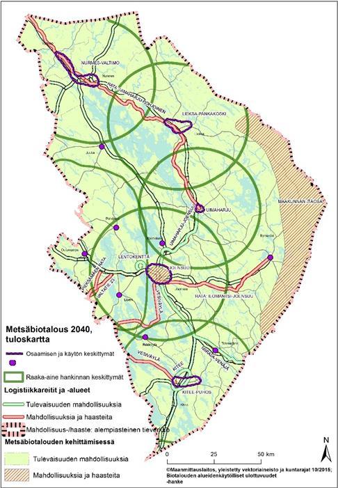 26 Kuva 14. Metsäbiotalouden tuloskartta, mikä esittää mahdollisuuksia ja haasteita raaka-aineiden ja logistiikan osalta.