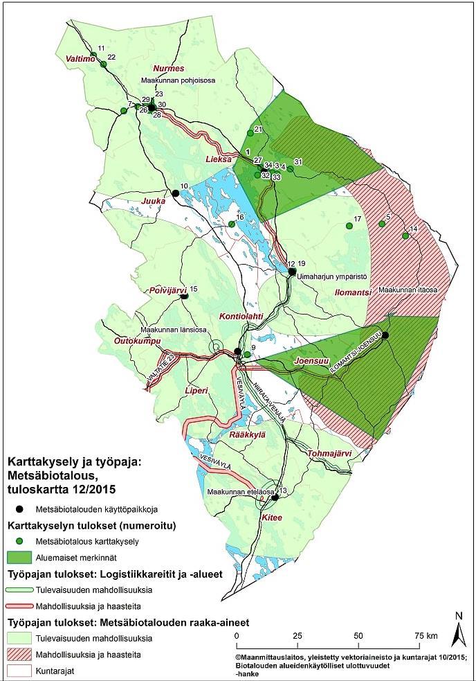 32 Kuva 17. Metsäbiotalouden karttaan kommentoitiin 34 merkintää, joista suurin osa liittyi bioteollisuuskeskittymiin Lieksan ja Nurmeksen keskustaajamissa.
