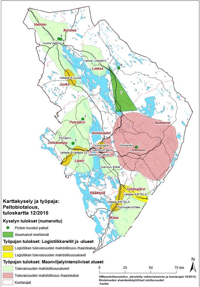 33 Kuva 18. Peltobiotalouden tuloskarttaan merkittiin seitsemän kommenttia sijoittuen hajanaisesti. Kommentit on esitetty tumman vihreällä värillä taustakartan päälle.