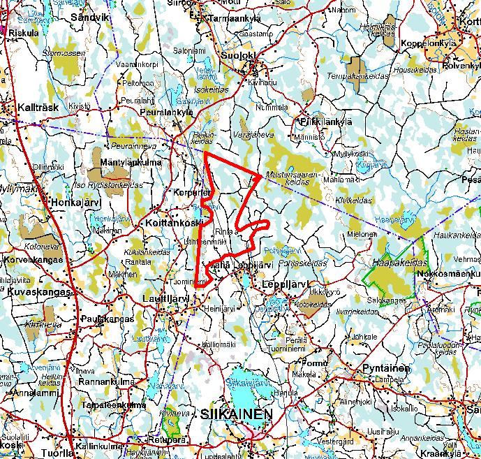 ALUEEN KOKO Alueen pinta ala on noin 13,4 km². Kuva 1 Sijaintikartta (kaavoitettava alue on rajattu punaisella). Kuvaus Alue on pääosin metsätalousaluetta.