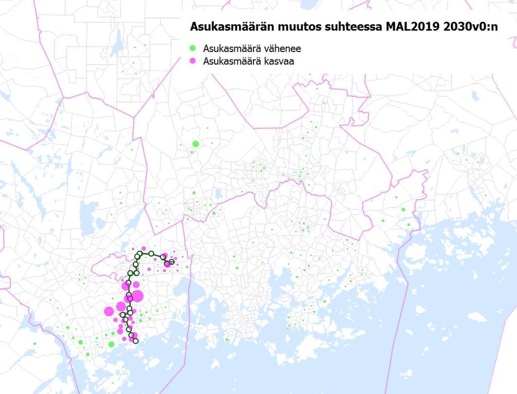 tarkastelussa vaikuttavan kasvun sijoittumiseen ja toteutumisjärjestykseen, mutta ei kokonaisvolyymiin Asukas- ja työpaikkojen kokonaismäärä tasataan siksi MAL 2030v0 summaan 14 kunnan alueella