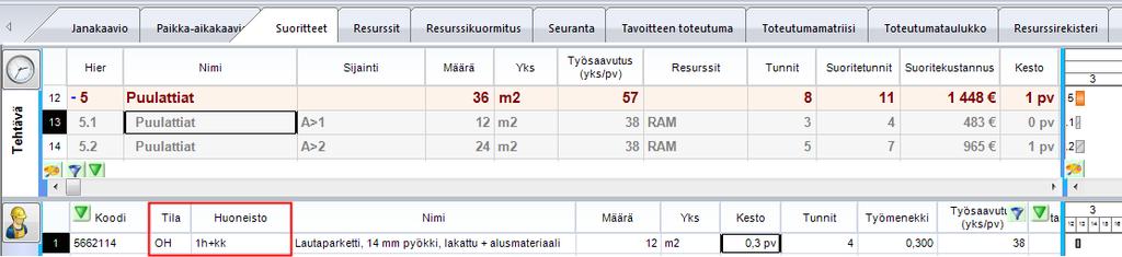 10. Huoneisto- ja tilatiedot Kustannuslaskennan tilalaskennan tila- ja huoneistotiedot saadaan näkyviin aikataulussa suoritetasolla, mutta tiedot ei siirry sijainniksi aikatauluun. Esim.