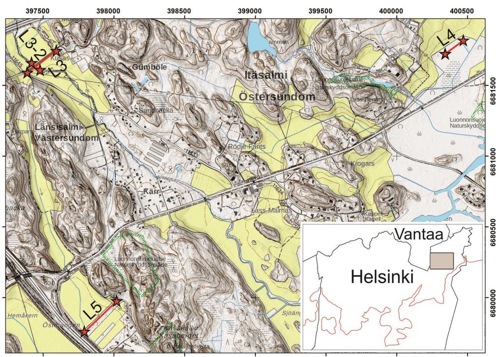 GEOLOGIAN TUTKIMUSKESKUS GTK:n työraportti 1 1 JOHDANTO Geologian tutkimuskeskus on tutkinut Östersundomissa luotauslinjojen L3, L3-2, L4 ja L5 alueelta (kuva 1) hienorakeisten maalajien (savi,