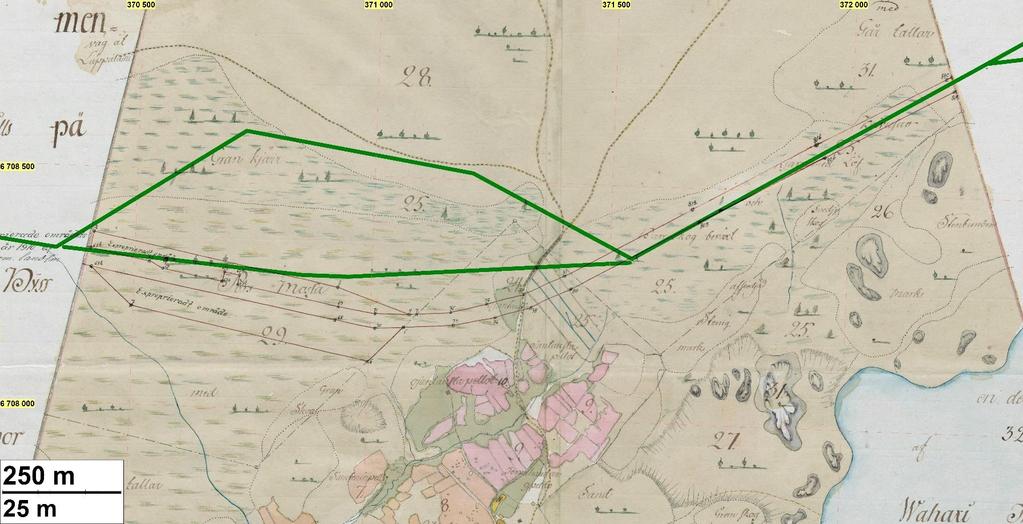 6 Vanhoja karttoja Ote vuoden 1783 kartasta (Westermark). Suunnitellut linjavaihtoehdot on merkitty vihreillä viivoilla.