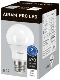Levereras i boxförpackning med informativ produktinfo. PRO LED SERIES IN CARDBOARD BOX The Airam PRO LED 3000 K series lamps have a warm white colour temperature.