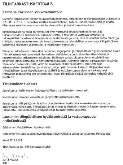 KEMIN SEURAKUNTA ESITYSLISTA/PÖYTÄKIRJA 5/2018 4 (9) Kirkkoneuvosto 25.4.2018 Esitys taljo: Kirkkoneuvoston 23.