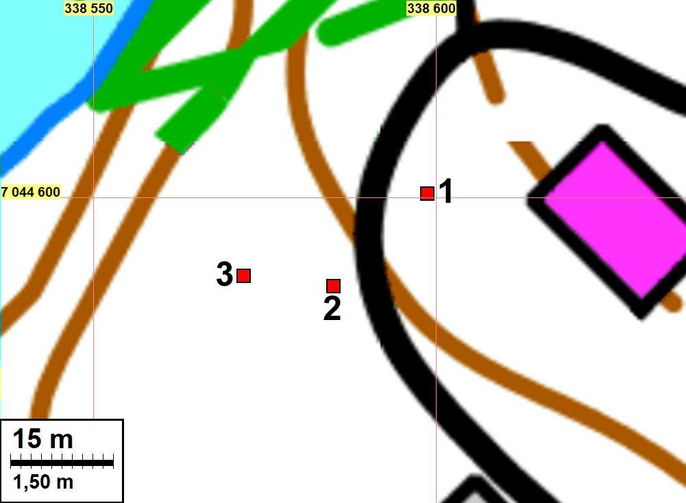 11 Emäntäkoulun alueelle tehtyjen koekuoppien 1-3 paikat on merkitty punaisin neliöin ja numeroin.