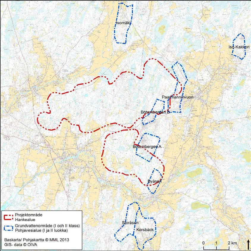 2.9.2013 34 (53) la Bölen kylän läheisyydessä on todettu pohjaveden pinnantason olevan noin + 14,3-15,04 (v 2004, N60). Kuva 19. Hankealueella ja hankealueen läheisyydessä sijaitsevat pohjavesialueet.